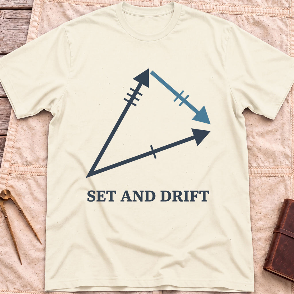 Front view of the natural Set and Drift T-Shirt with a triangle of three arrows marked with tick lines above the words Set and Drift.