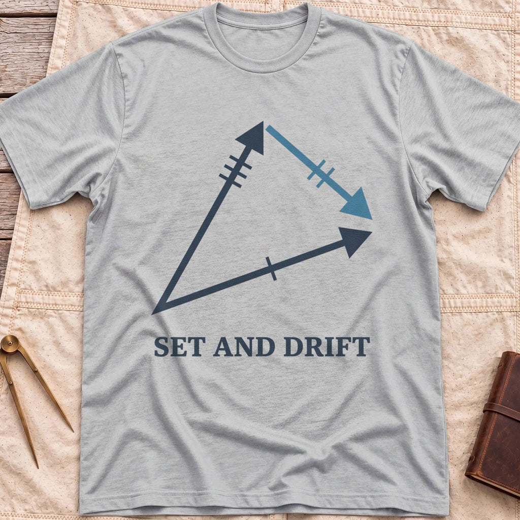 Front view of the sport grey Set and Drift T-Shirt with a triangle of three arrows marked with tick lines above the words Set and Drift.