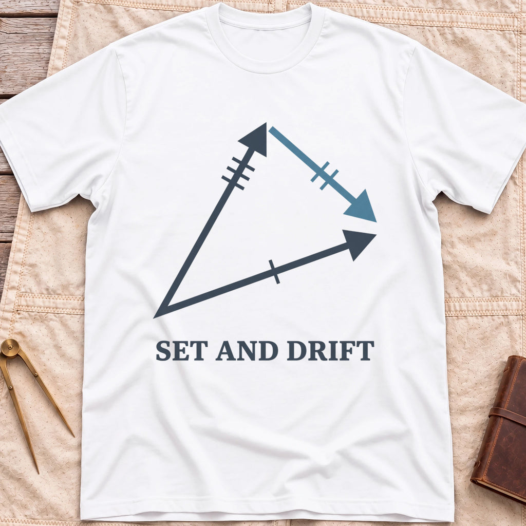 Front view of the white Set and Drift T-Shirt with a triangle of three arrows marked with tick lines above the words Set and Drift.