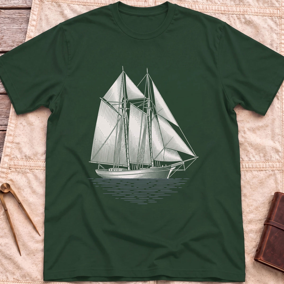 Front view of the forest green Snug Harbour T-Shirt with a detailed white illustration of a two-masted sailing ship on the water.