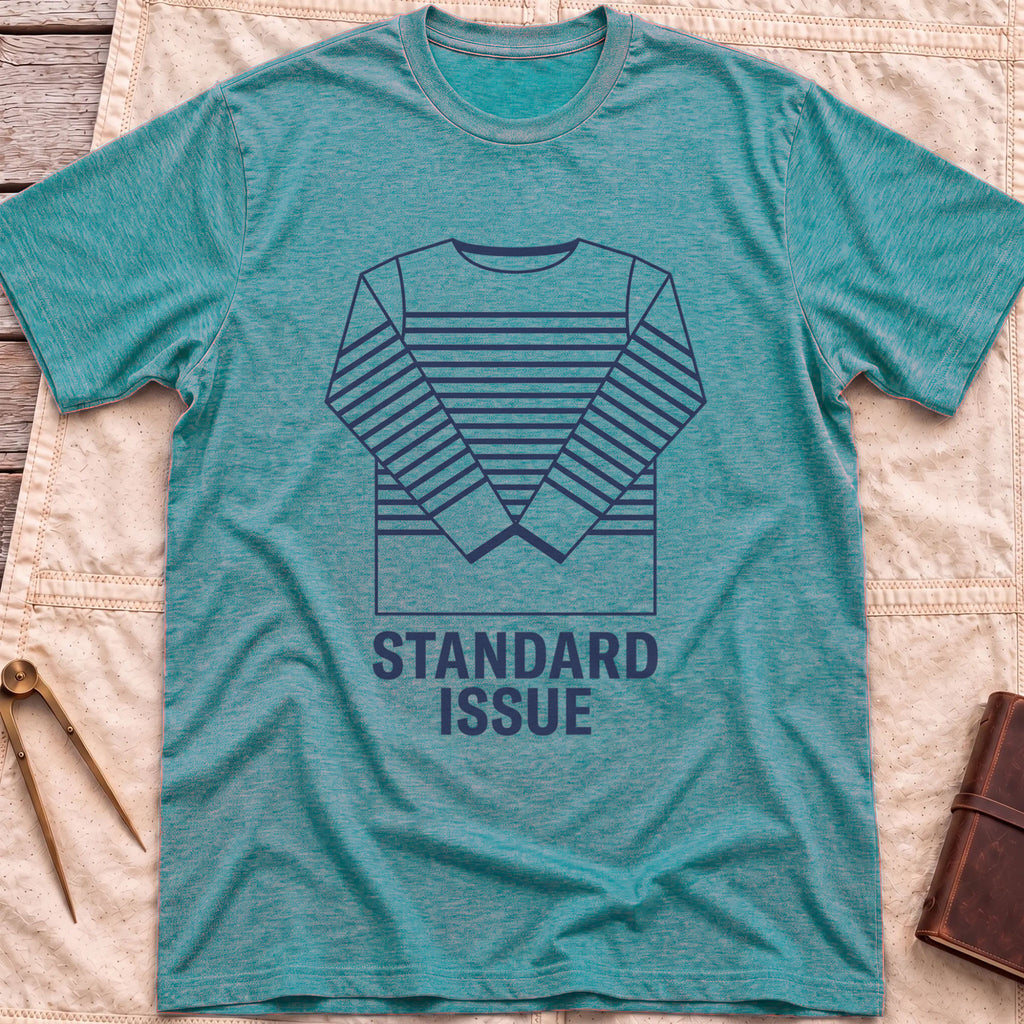 Front view of the heather galapagos blue Standard Issue T-Shirt with a line drawing of a striped long-sleeve top above the words Standard Issue.
