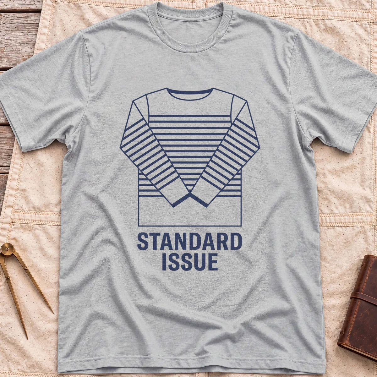Front view of the sport grey Standard Issue T-Shirt with a line drawing of a striped long-sleeve top above the words Standard Issue.