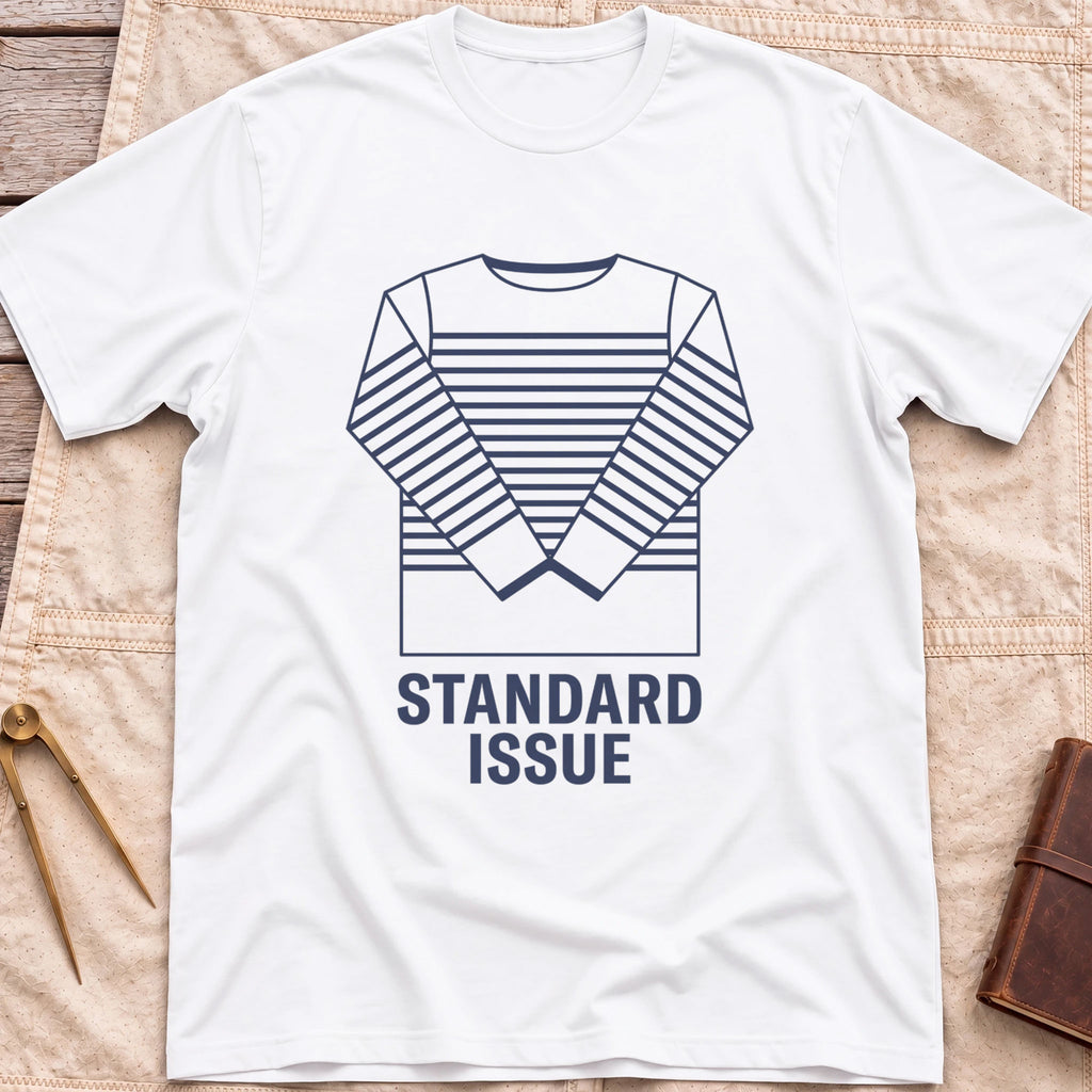 Front view of the white Standard Issue T-Shirt with a line drawing of a striped long-sleeve top above the words Standard Issue.