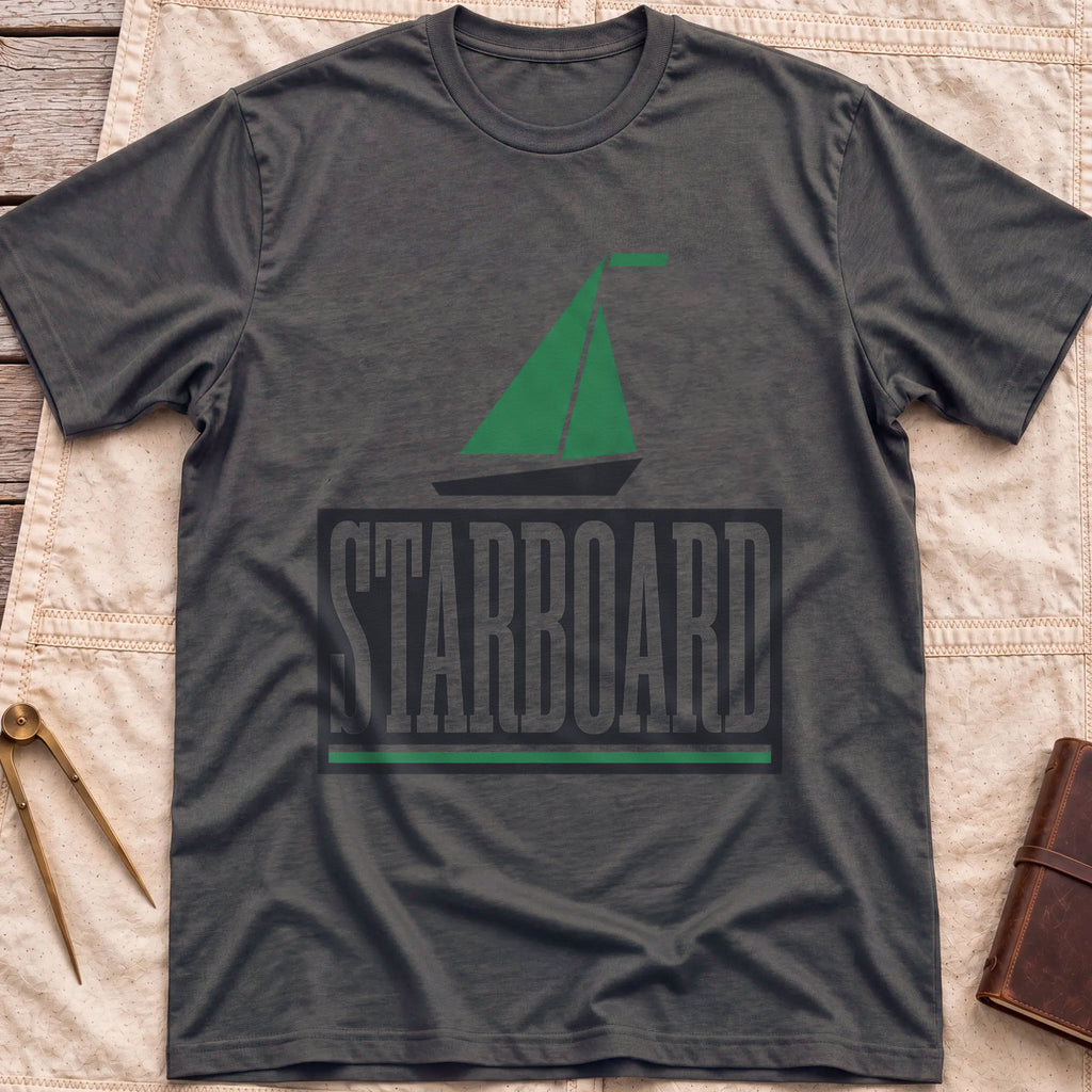 Front view of the dark heather Starboard T-Shirt with a green sailboat above the word Starboard in a dark panel.