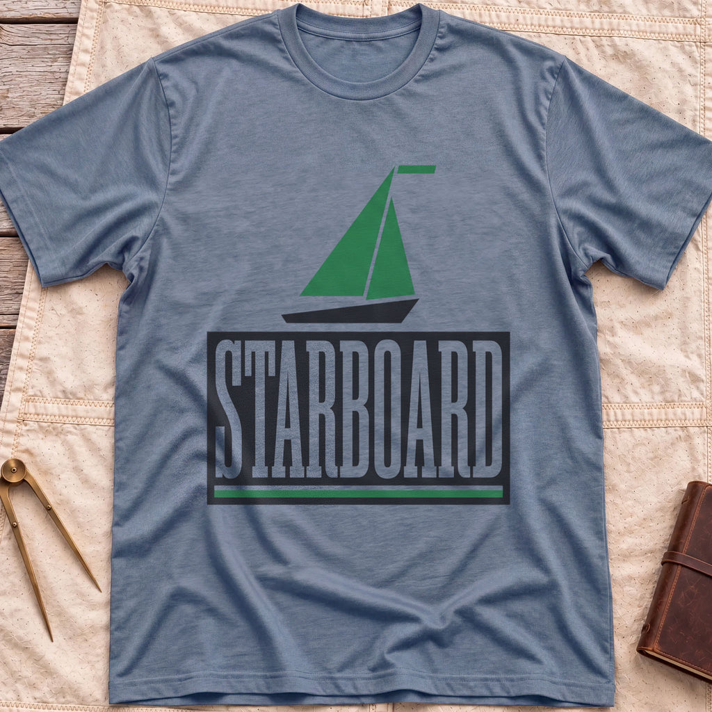 Front view of the heather indigo Starboard T-Shirt with a green sailboat above the word Starboard in a dark panel.