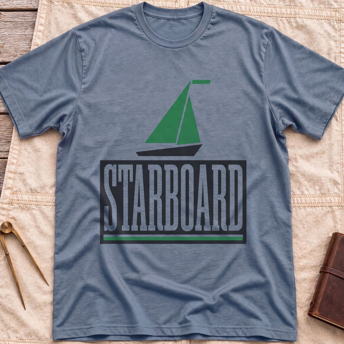 Front view of the heather indigo Starboard T-Shirt with a green sailboat above the word Starboard in a dark panel.
