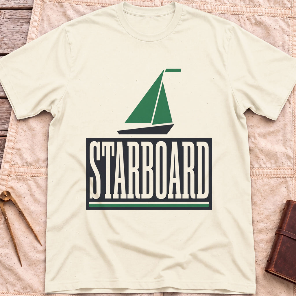 Front view of the natural Starboard T-Shirt with a green sailboat above the word Starboard in a dark panel.