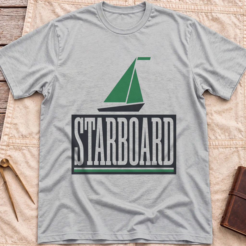 Front view of the sport grey Starboard T-Shirt with a green sailboat above the word Starboard in a dark panel.