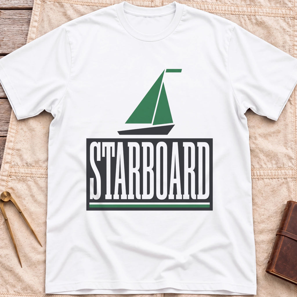 Front view of the white Starboard T-Shirt with a green sailboat above the word Starboard in a dark panel.
