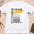Front view of the white Still on the List T-Shirt with a Boat Jobs checklist, its top items highlighted in yellow, above the words Three Done, Nine Added.