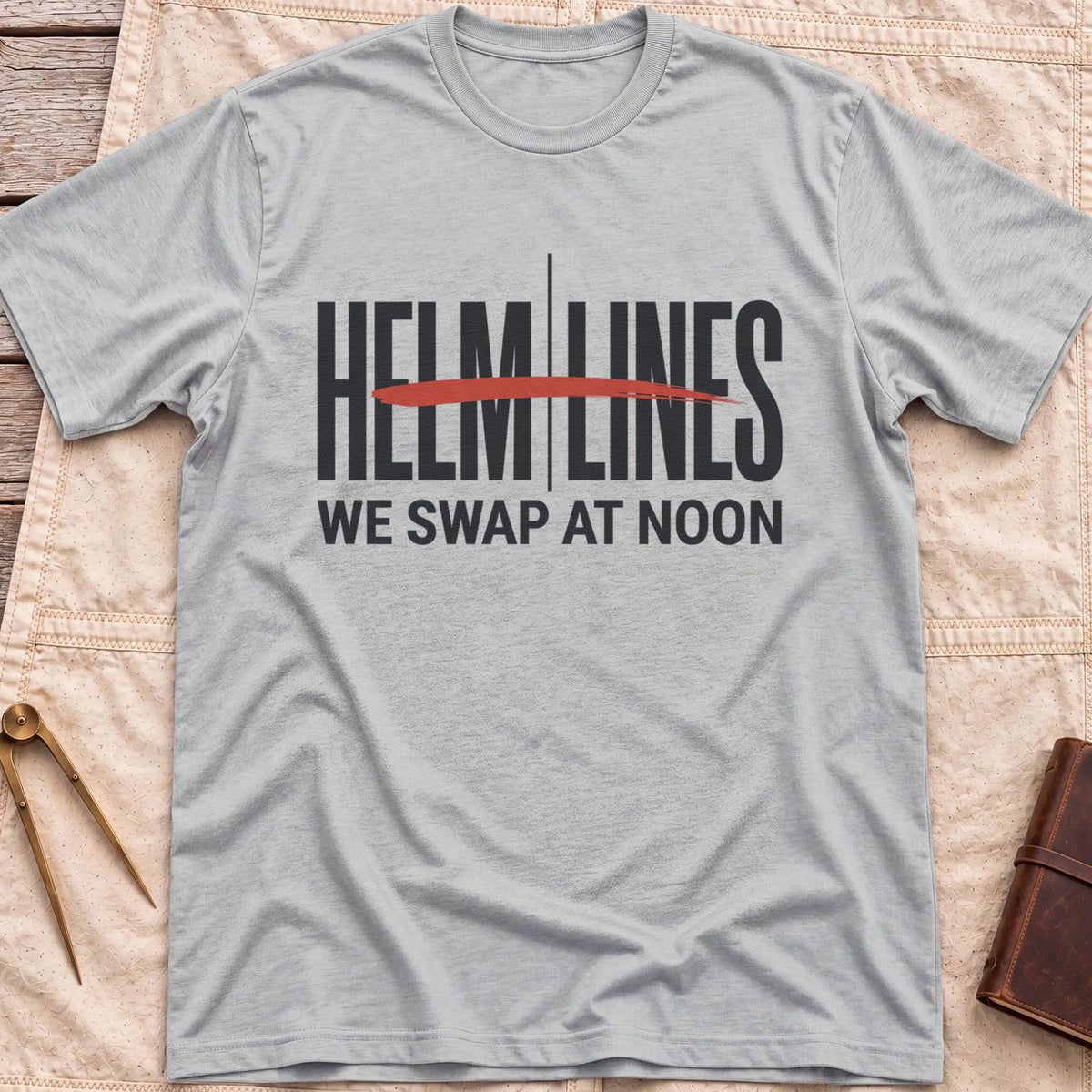 Front view of the sport grey Swap at Noon T-Shirt with the words Helm and Lines split by a vertical line and a red brushstroke, above We Swap at Noon.