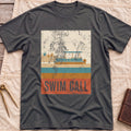 Front view of the dark heather Swim Call T-Shirt with a distressed retro poster of a canopied pontoon boat over striped water above the words Swim Call.
