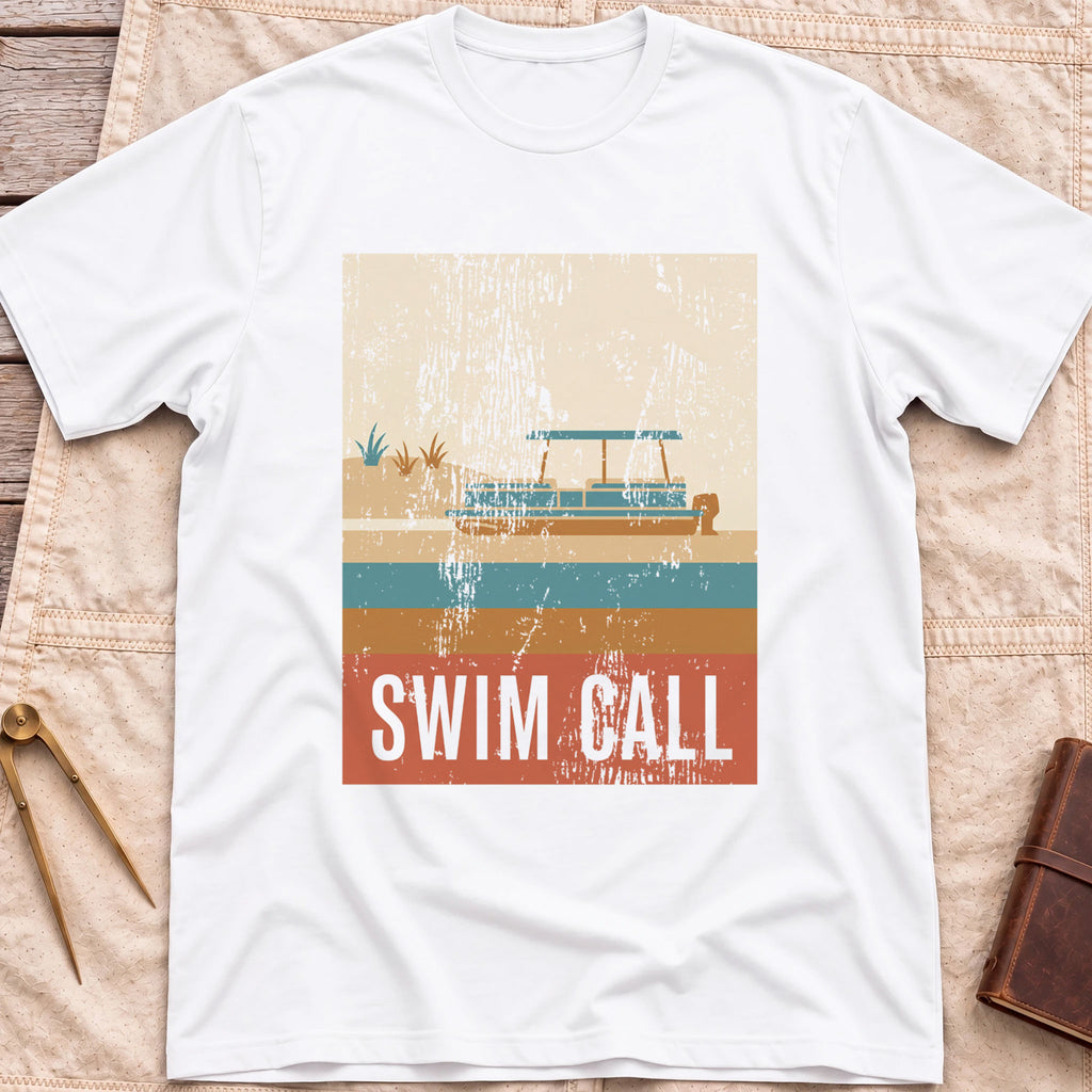 Front view of the white Swim Call T-Shirt with a distressed retro poster of a canopied pontoon boat over striped water above the words Swim Call.