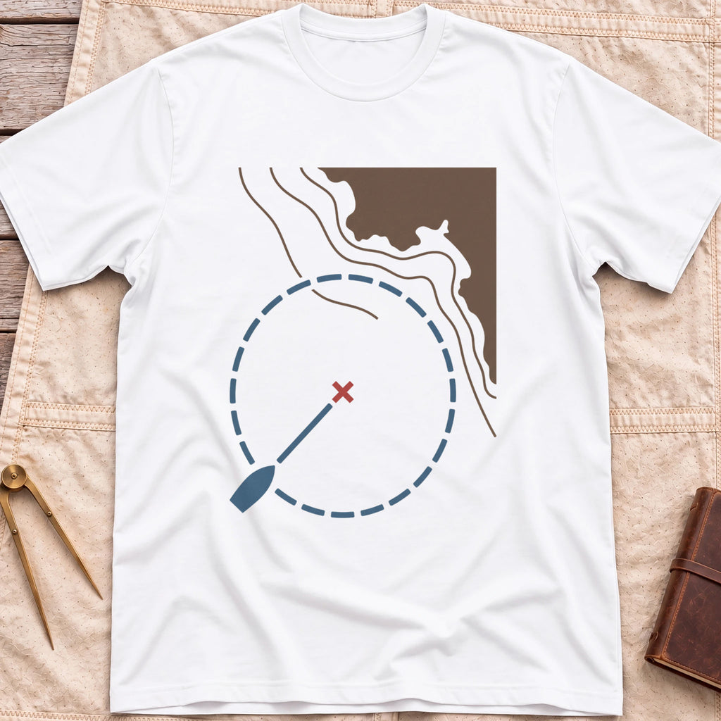 Front view of the white Swing Circle T-Shirt with a boat on a line inside a dashed circle around a red cross, beside a stretch of coastline.