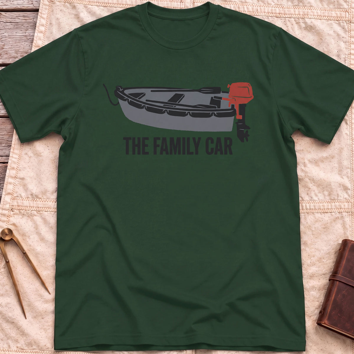 Front view of the forest green The Family Car T-Shirt with a small open boat fitted with a red outboard motor.