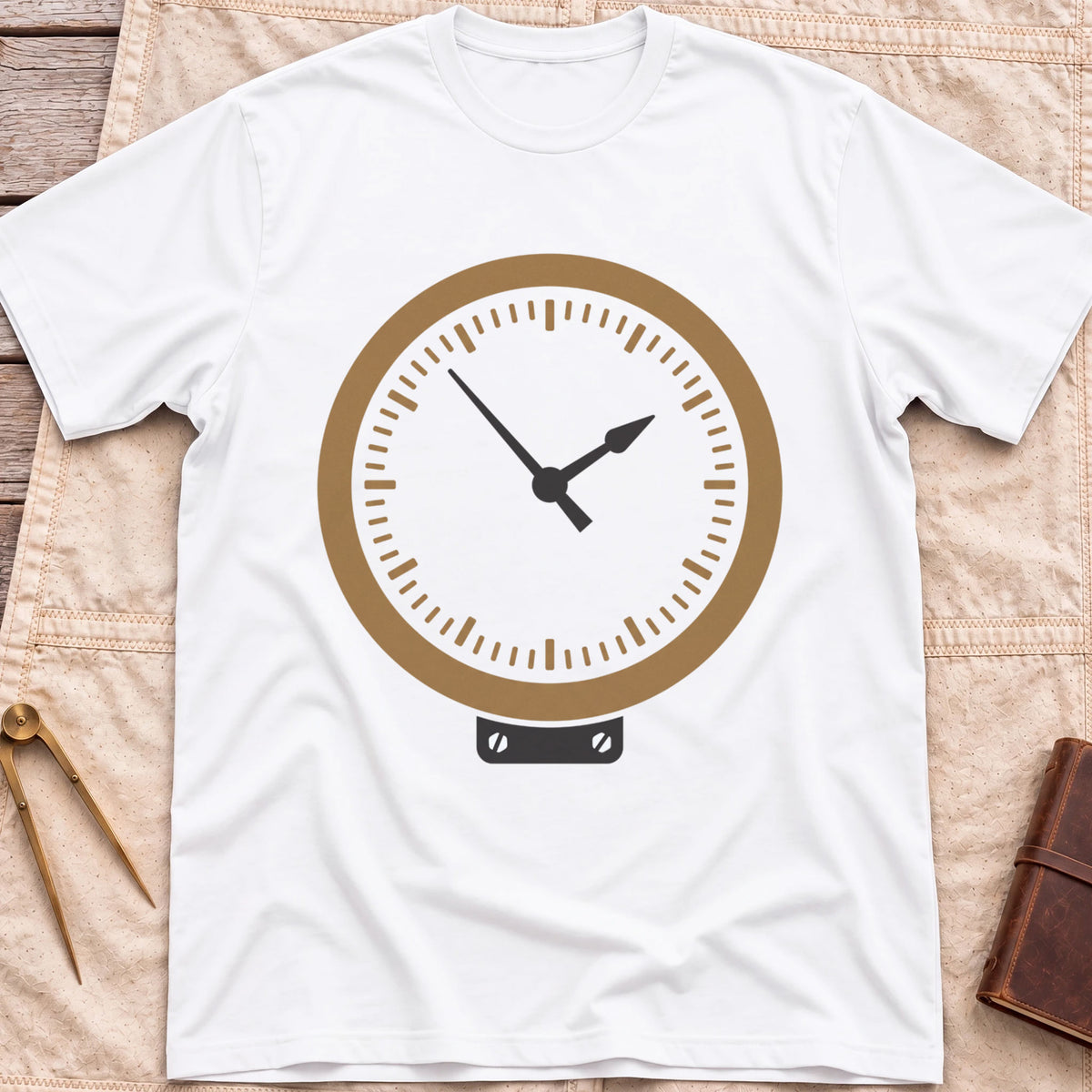 Front view of the white The Glass T-Shirt with a round brass-rimmed dial and two hands on a small mounting plate.