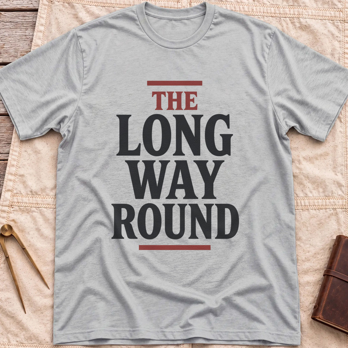 Front view of the sport grey The Long Way Round T-Shirt with the words The Long Way Round in heavy serif capitals between red rules.