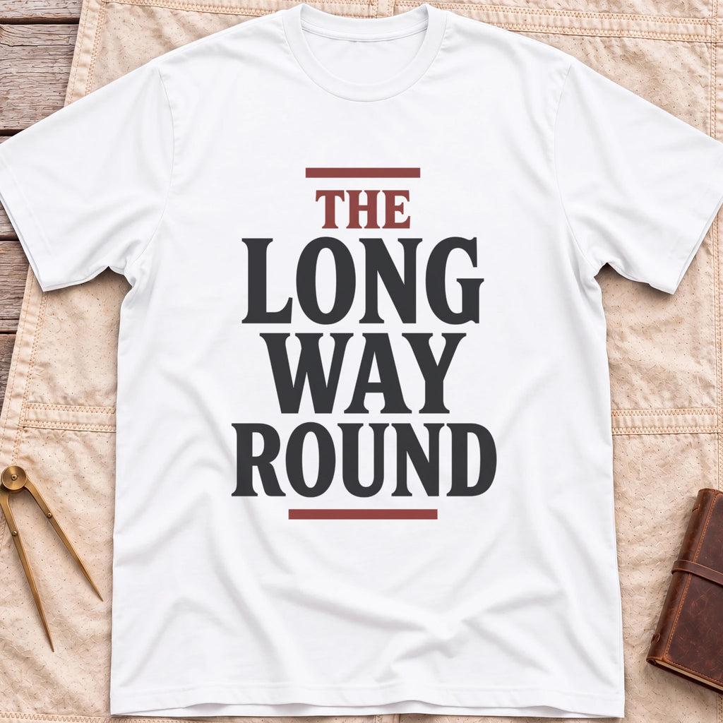 Front view of the white The Long Way Round T-Shirt with the words The Long Way Round in heavy serif capitals between red rules.