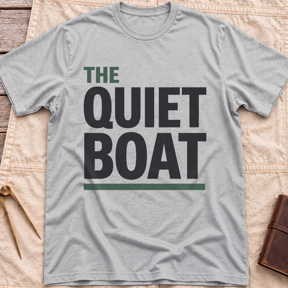 Front view of the sport grey The Quiet Boat T-Shirt with the words The Quiet Boat in heavy capitals above a green underline.