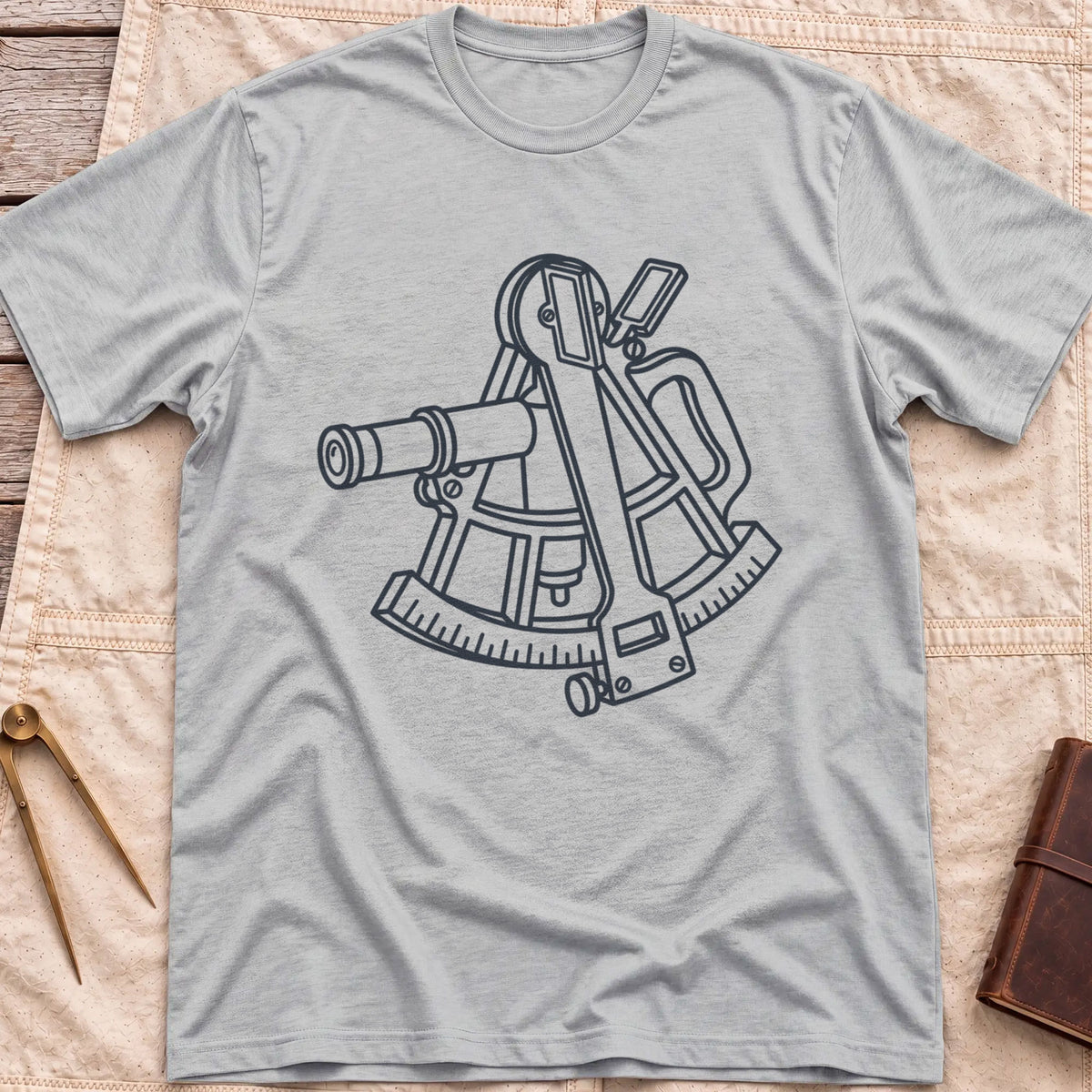 Front view of the sport grey The Sextant T-Shirt with a line drawing of a sextant.