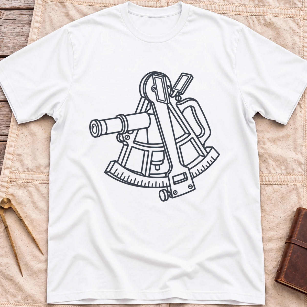 Front view of the white The Sextant T-Shirt with a line drawing of a sextant.