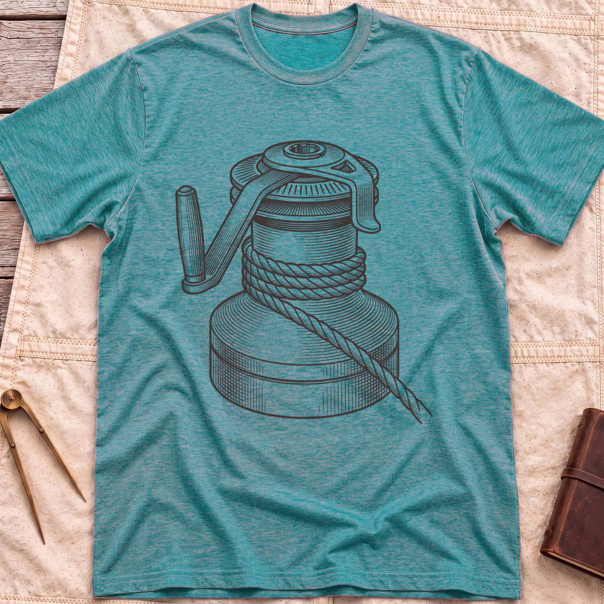 Front view of the heather galapagos blue The Winch T-Shirt with a detailed illustration of a winch wrapped in rope, with its handle.