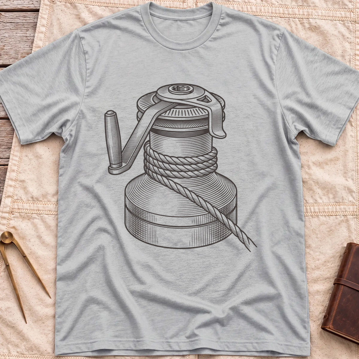 Front view of the sport grey The Winch T-Shirt with a detailed illustration of a winch wrapped in rope, with its handle.