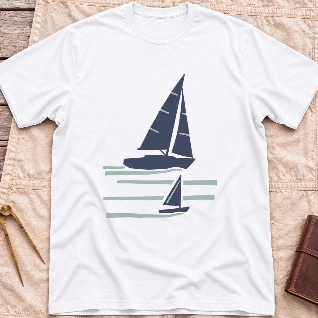 Front view of the white Two Wake T-Shirt with a large and a small sailboat over pale wake lines.