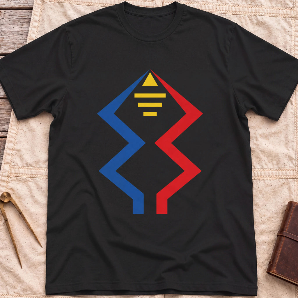 Front view of the black Windward Mark T-Shirt with blue and red zigzag lines rising to a yellow triangle above short yellow bars.
