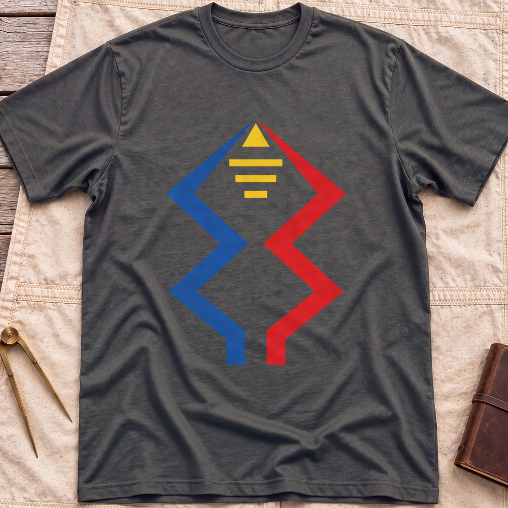 Front view of the dark heather Windward Mark T-Shirt with blue and red zigzag lines rising to a yellow triangle above short yellow bars.