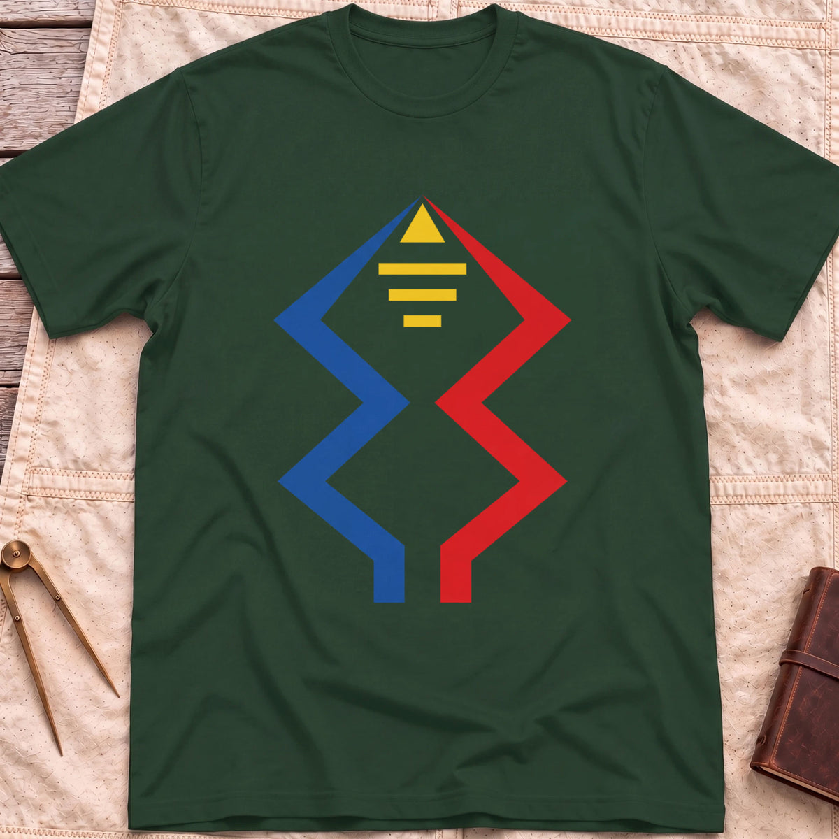 Front view of the forest green Windward Mark T-Shirt with blue and red zigzag lines rising to a yellow triangle above short yellow bars.