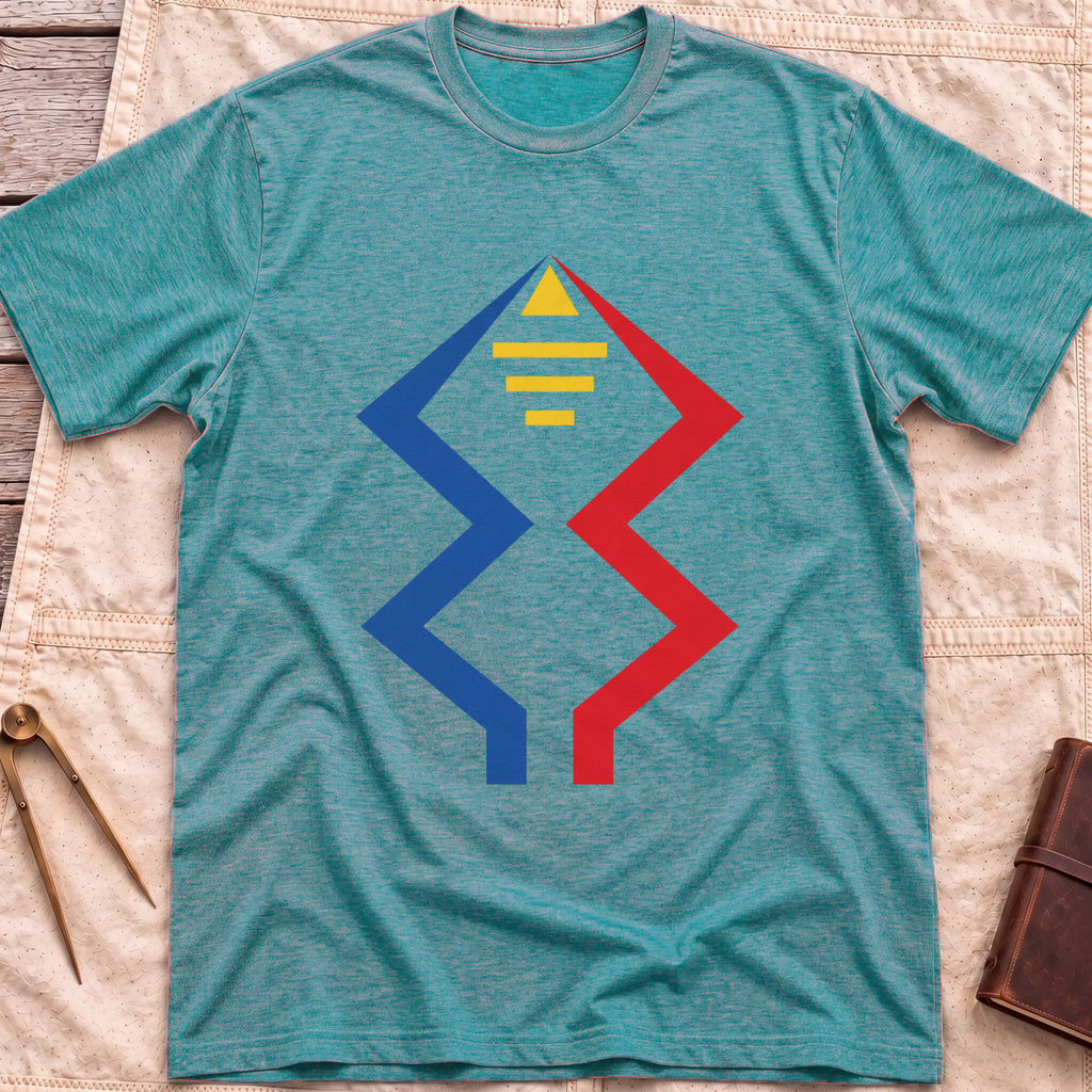 Front view of the heather galapagos blue Windward Mark T-Shirt with blue and red zigzag lines rising to a yellow triangle above short yellow bars.