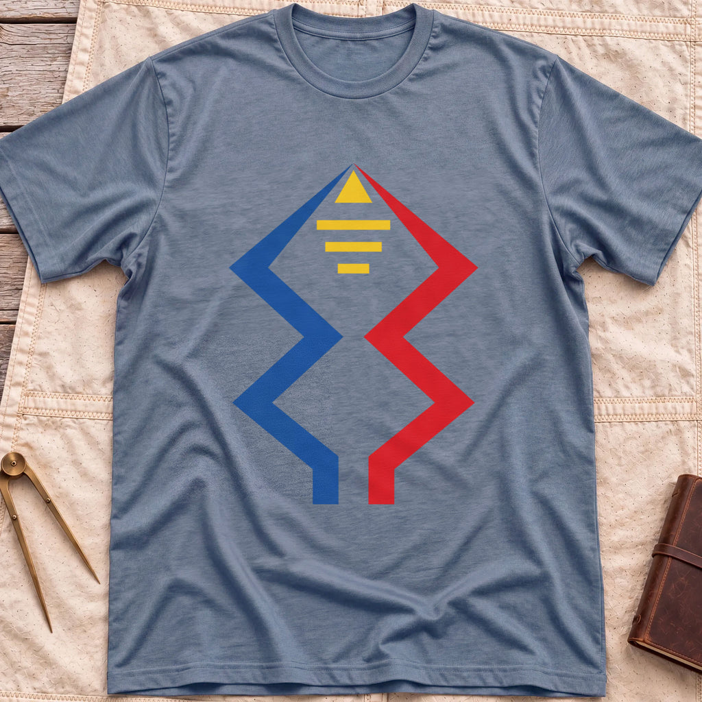 Front view of the heather indigo Windward Mark T-Shirt with blue and red zigzag lines rising to a yellow triangle above short yellow bars.