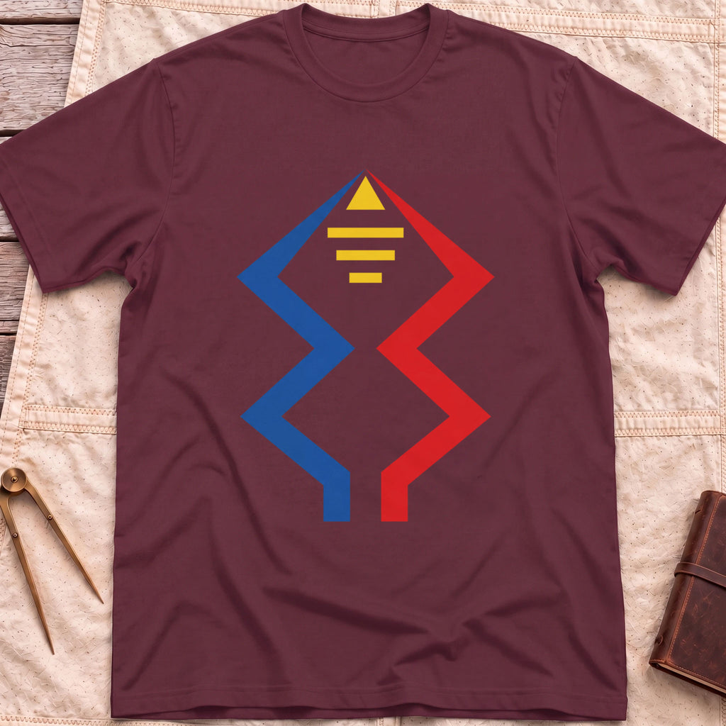 Front view of the maroon Windward Mark T-Shirt with blue and red zigzag lines rising to a yellow triangle above short yellow bars.