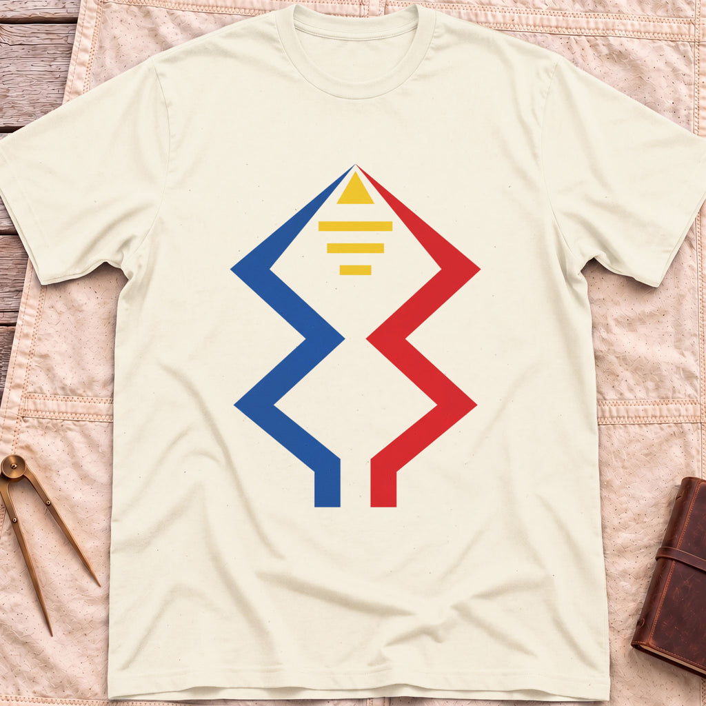 Front view of the natural Windward Mark T-Shirt with blue and red zigzag lines rising to a yellow triangle above short yellow bars.