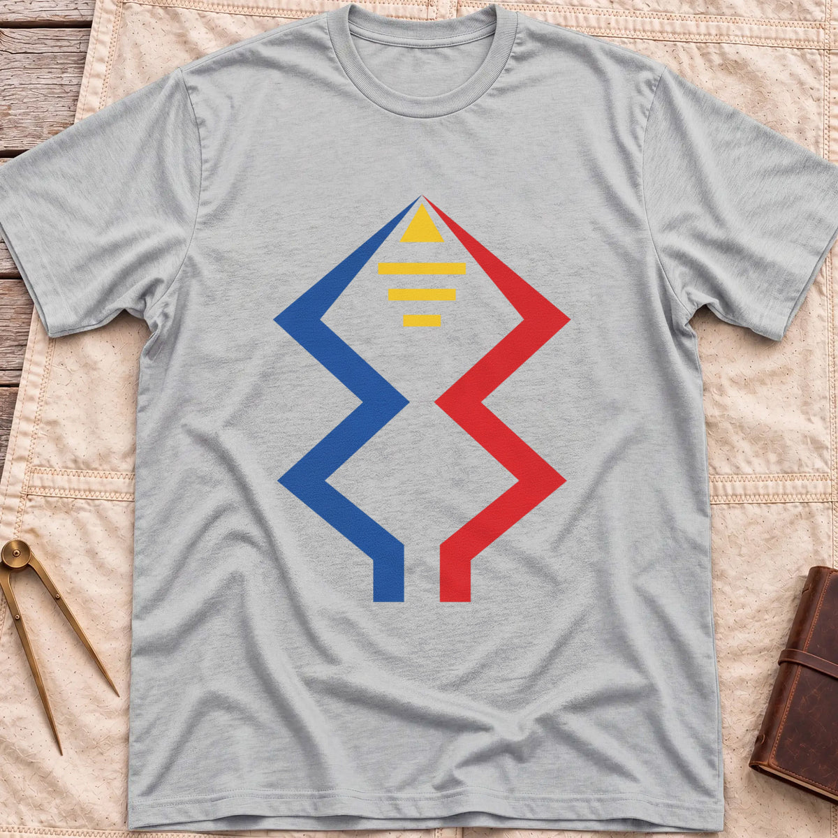 Front view of the sport grey Windward Mark T-Shirt with blue and red zigzag lines rising to a yellow triangle above short yellow bars.