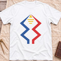 Front view of the white Windward Mark T-Shirt with blue and red zigzag lines rising to a yellow triangle above short yellow bars.