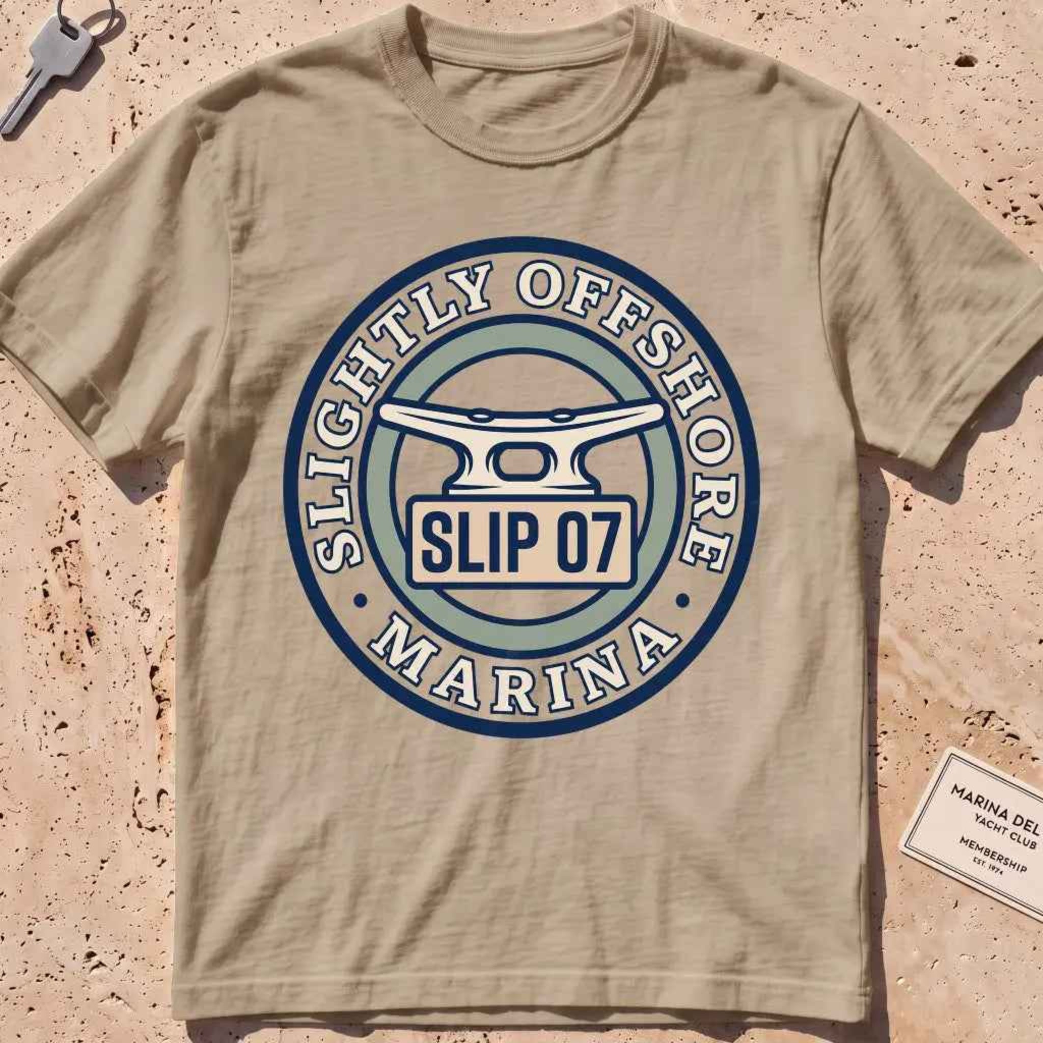 khaki heavyweight tee with a dock cleat and "Slip 07" badge graphic.