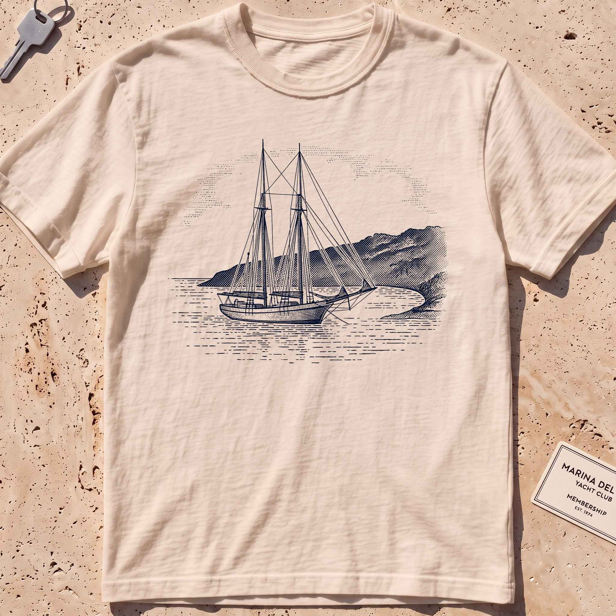 ivory heavyweight tee with an etched schooner moored in a cove graphic.