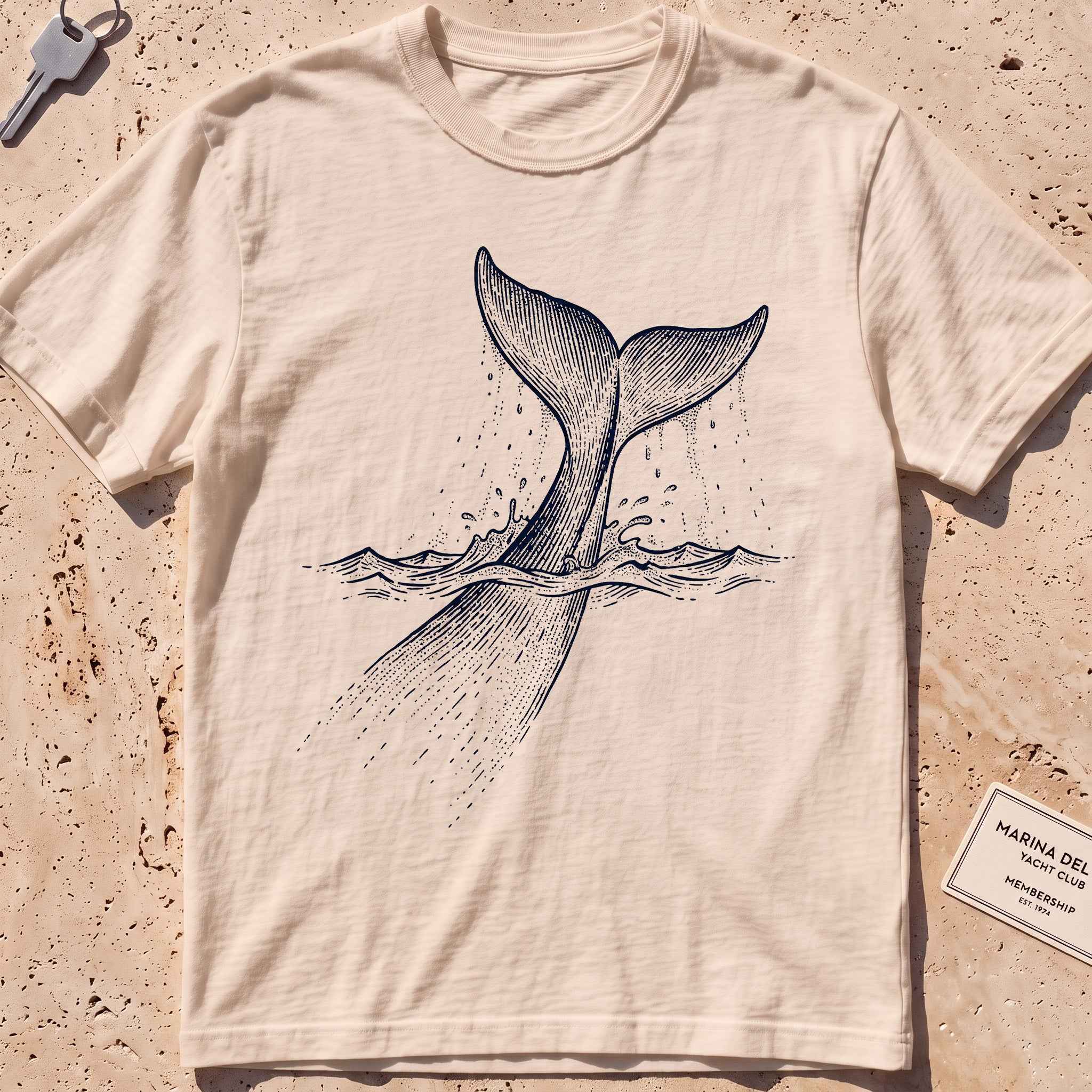 ivory heavyweight tee with an etched sperm whale diving deep graphic.