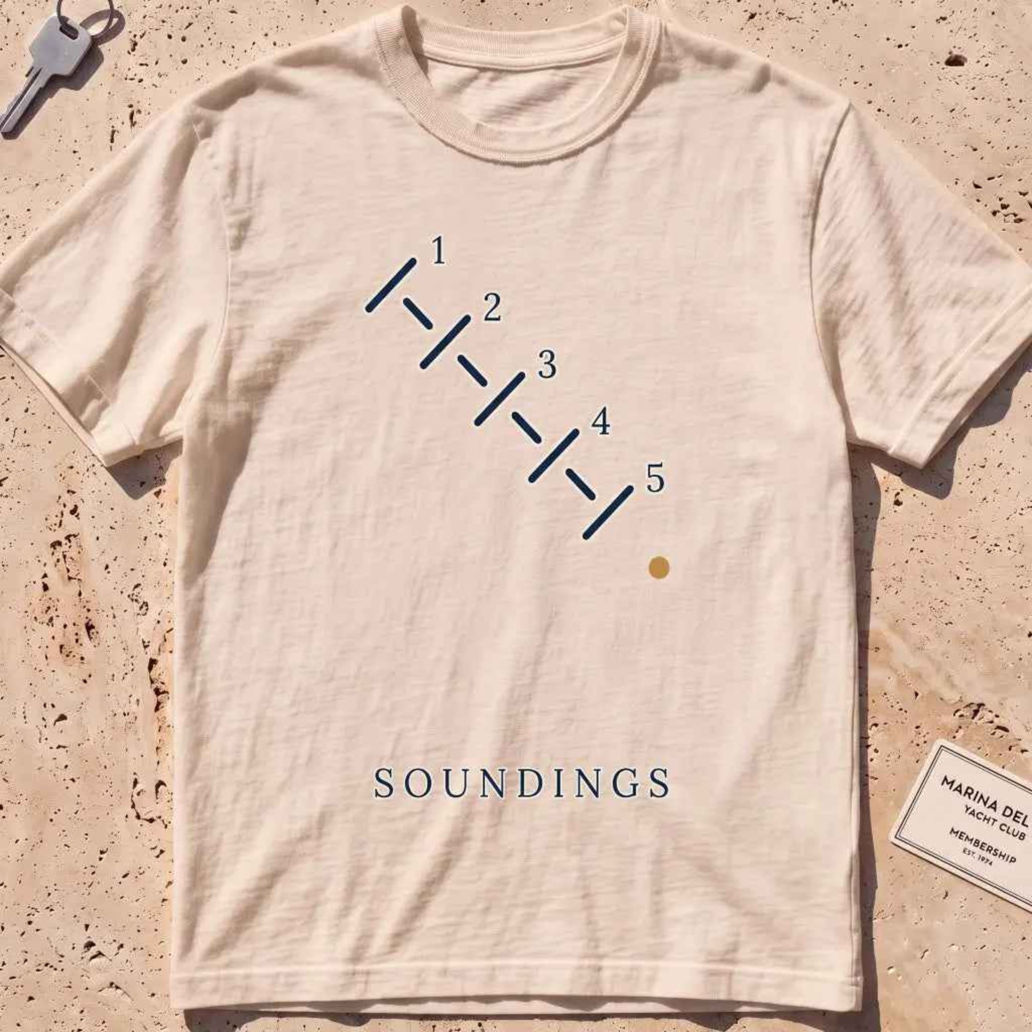 ivory heavyweight tee with minimal-line depth-sounding ticks and numerals.
