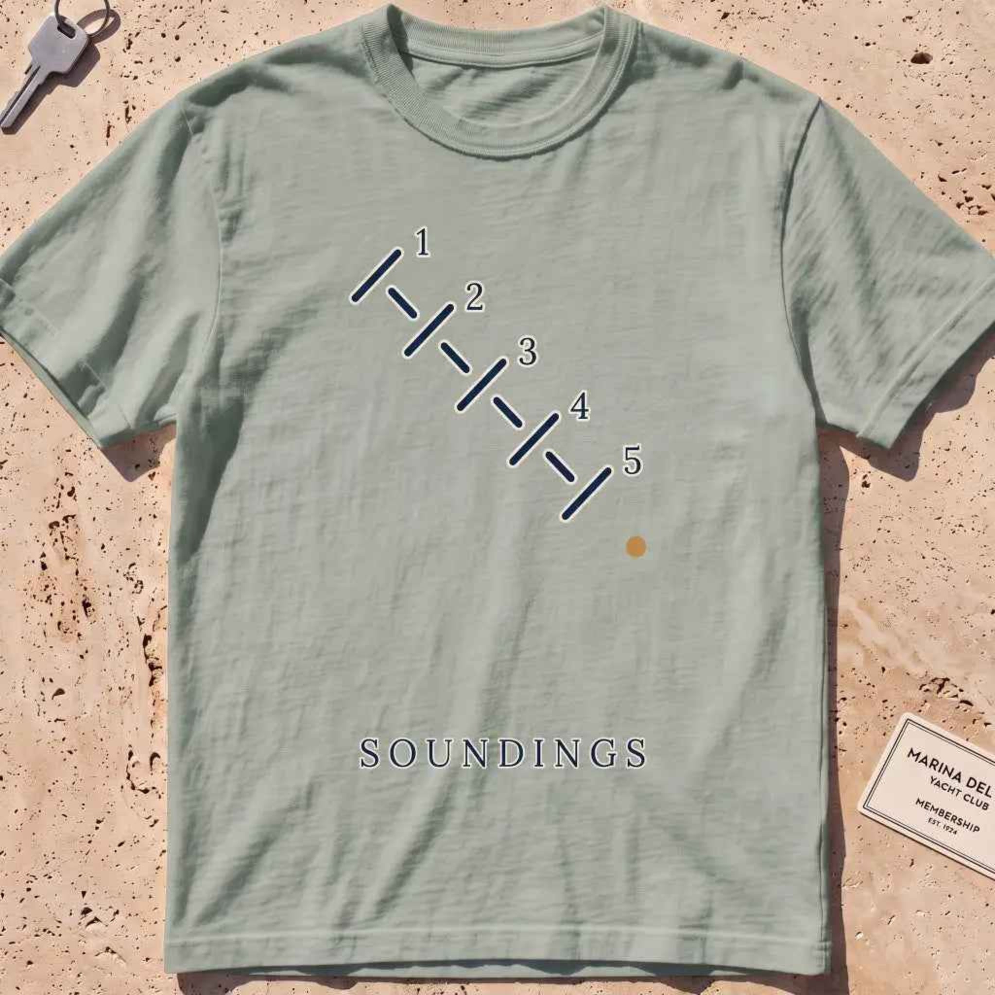 bay heavyweight tee with minimal-line depth-sounding ticks and numerals.