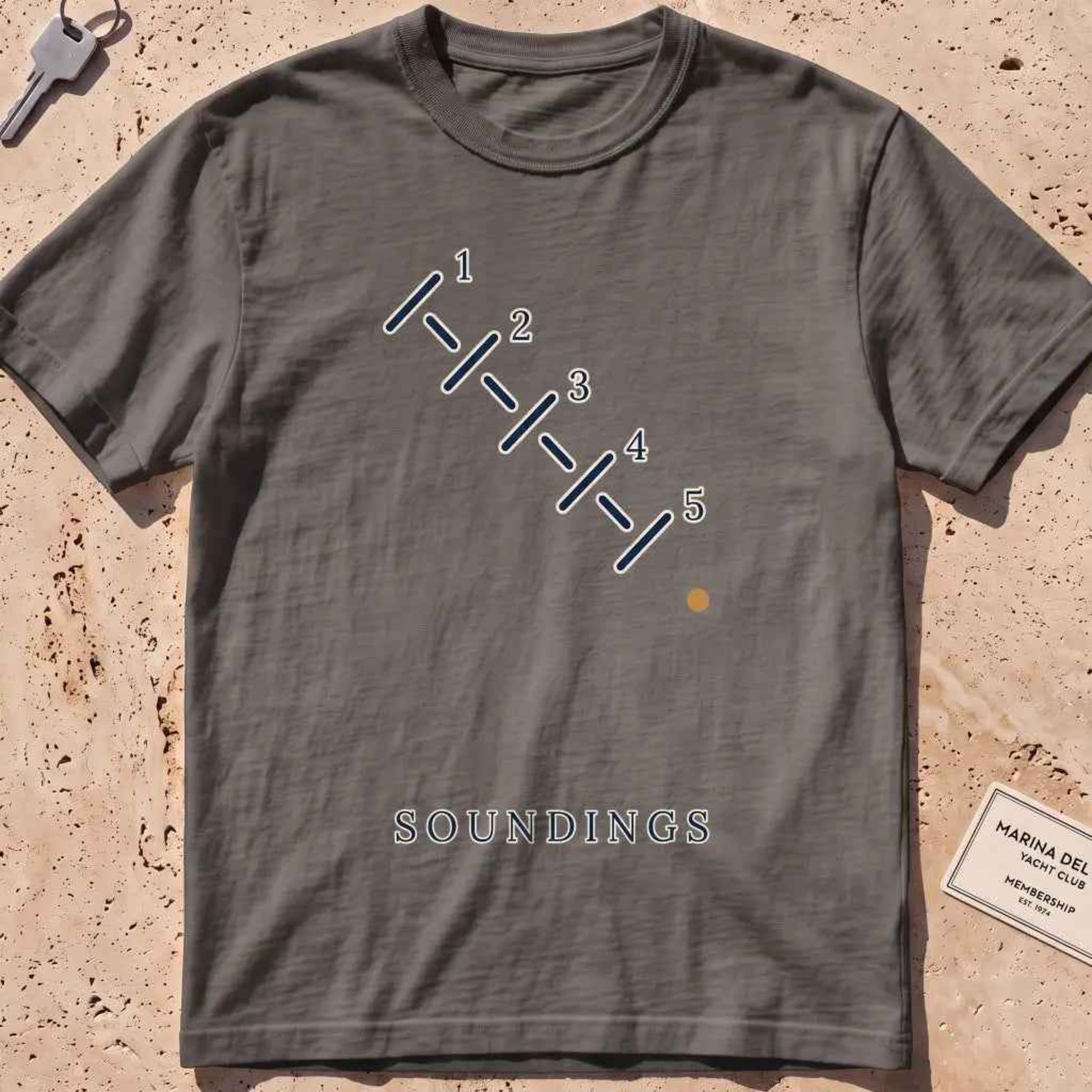 pepper heavyweight tee with minimal-line depth-sounding ticks and numerals.
