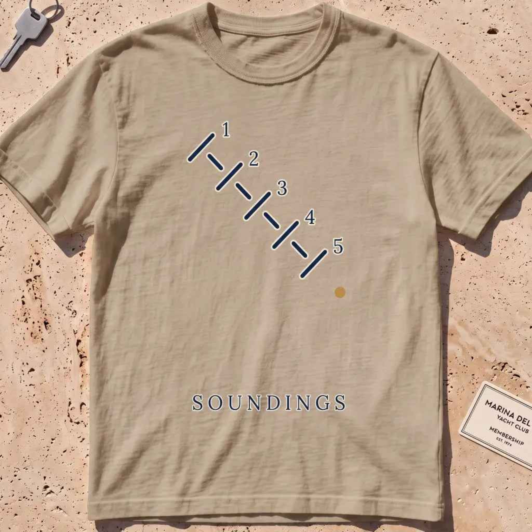 khaki heavyweight tee with minimal-line depth-sounding ticks and numerals.