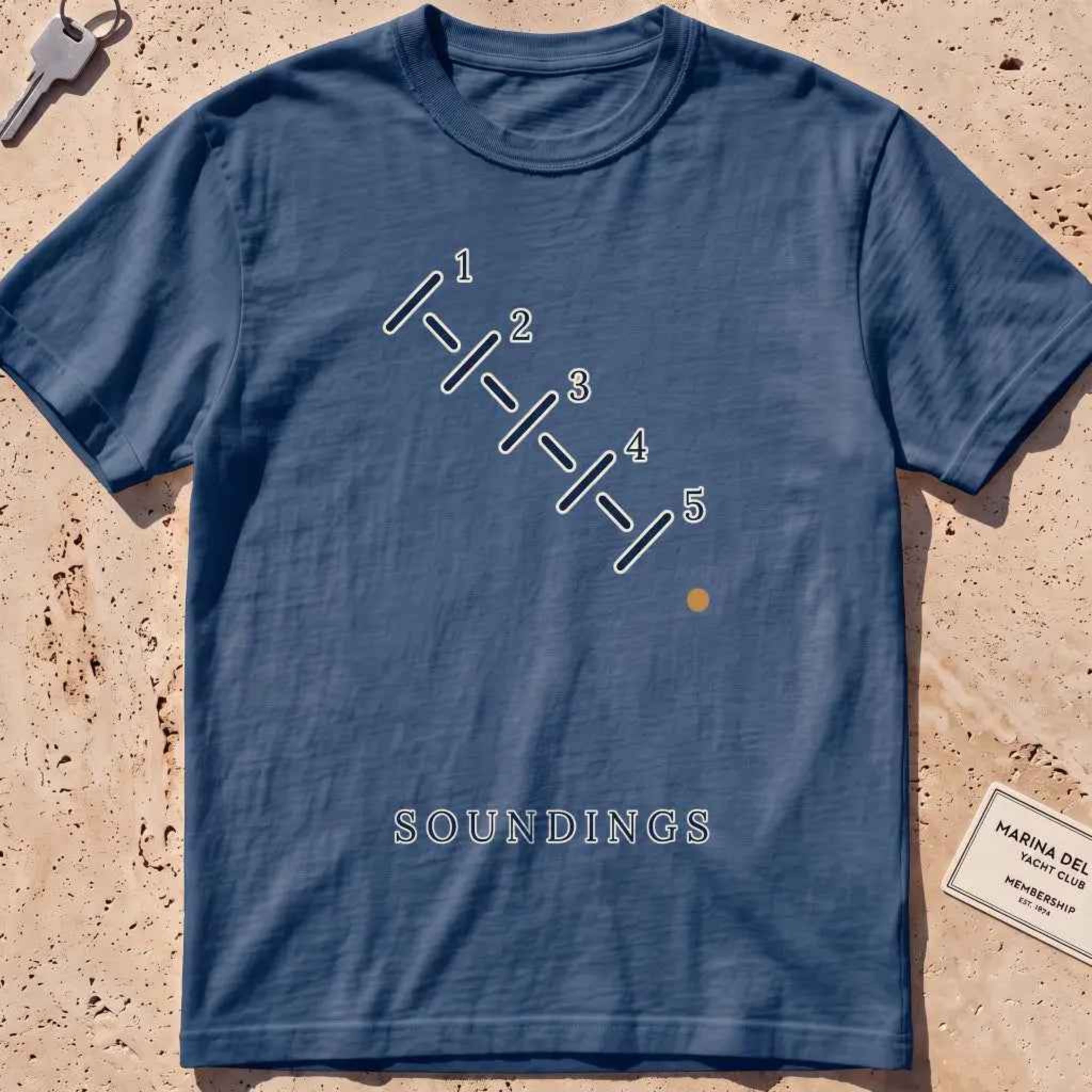 midnight heavyweight tee with minimal-line depth-sounding ticks and numerals.