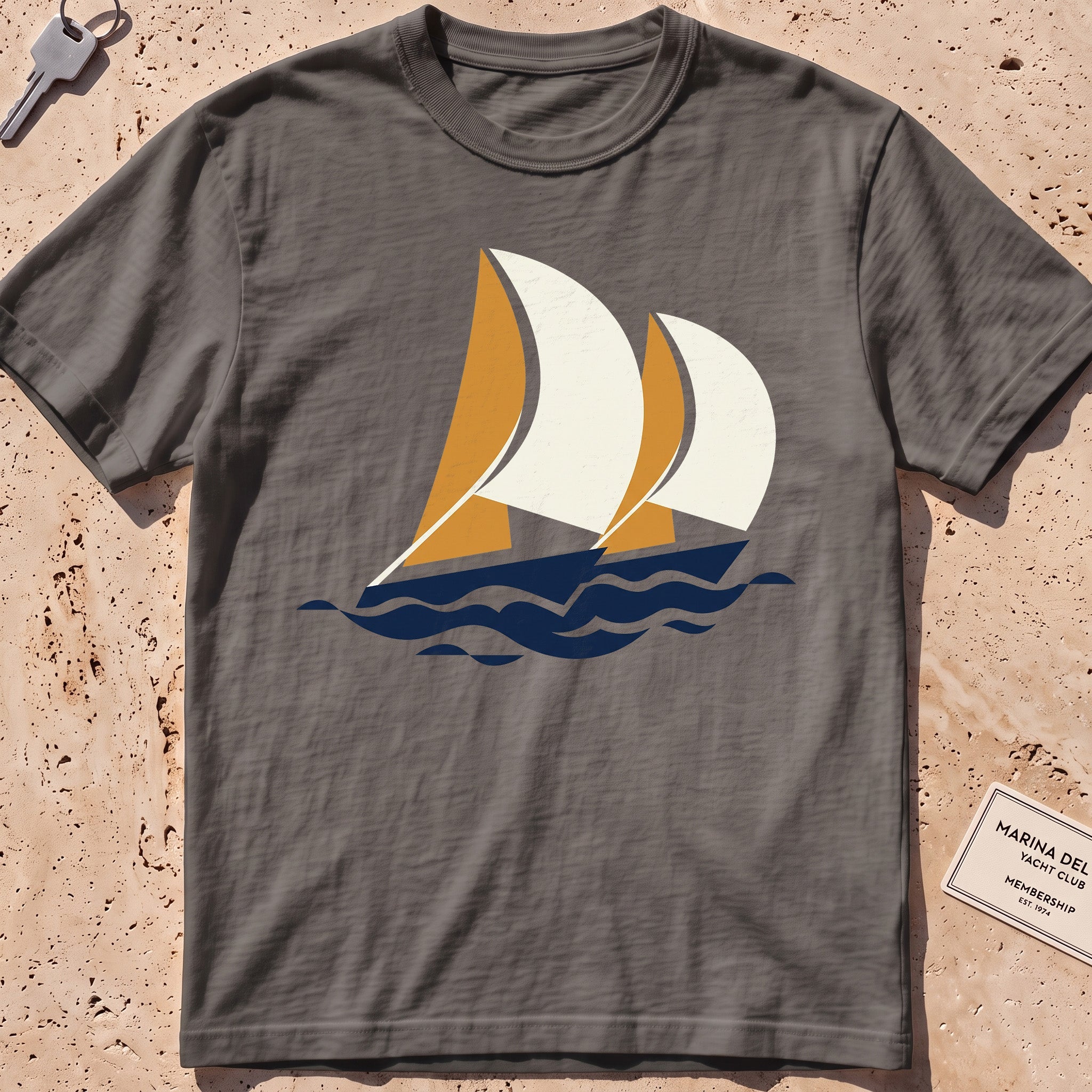pepper heavyweight tee with flat-geometric racing spinnakers graphic.