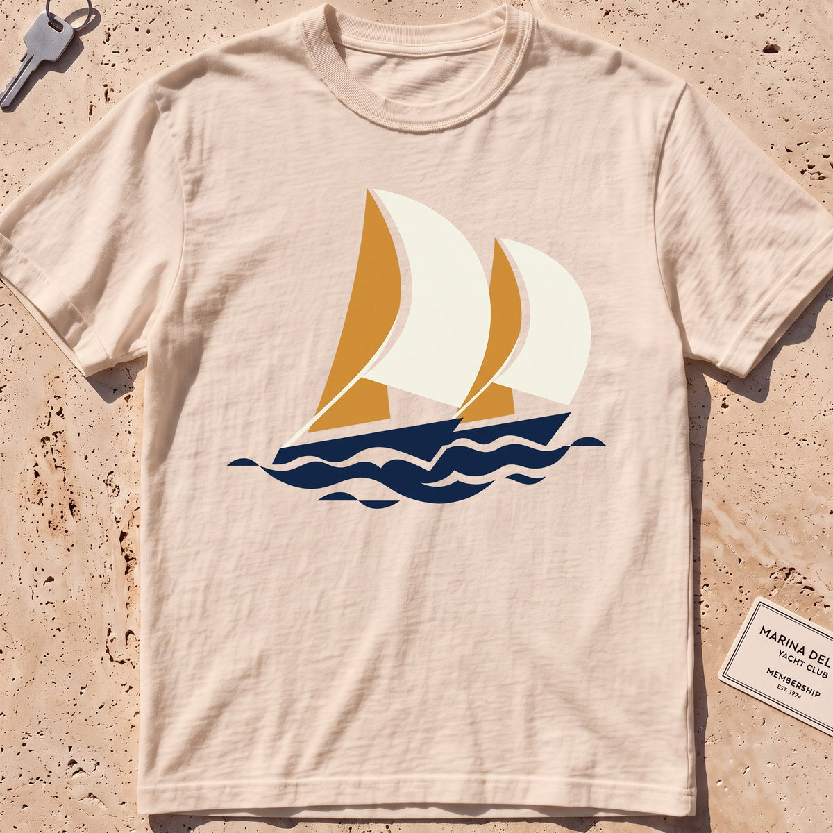ivory heavyweight tee with flat-geometric racing spinnakers graphic.