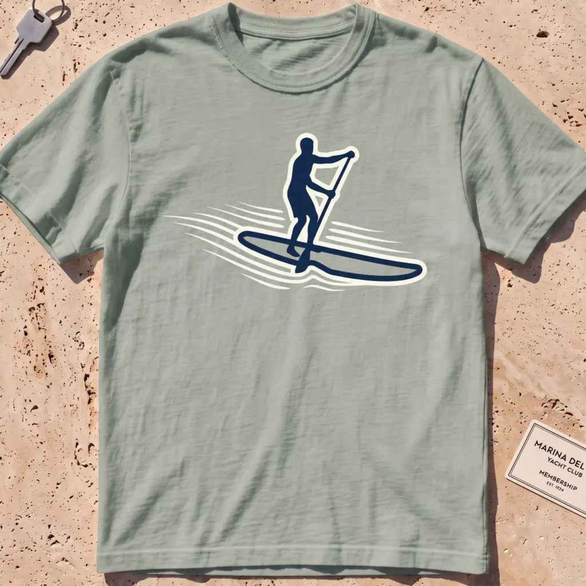 bay heavyweight tee with a stand-up paddleboarder "Standing Calm" graphic.