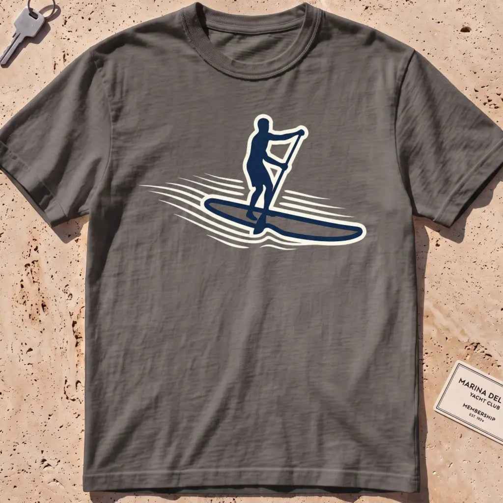 pepper heavyweight tee with a stand-up paddleboarder "Standing Calm" graphic.