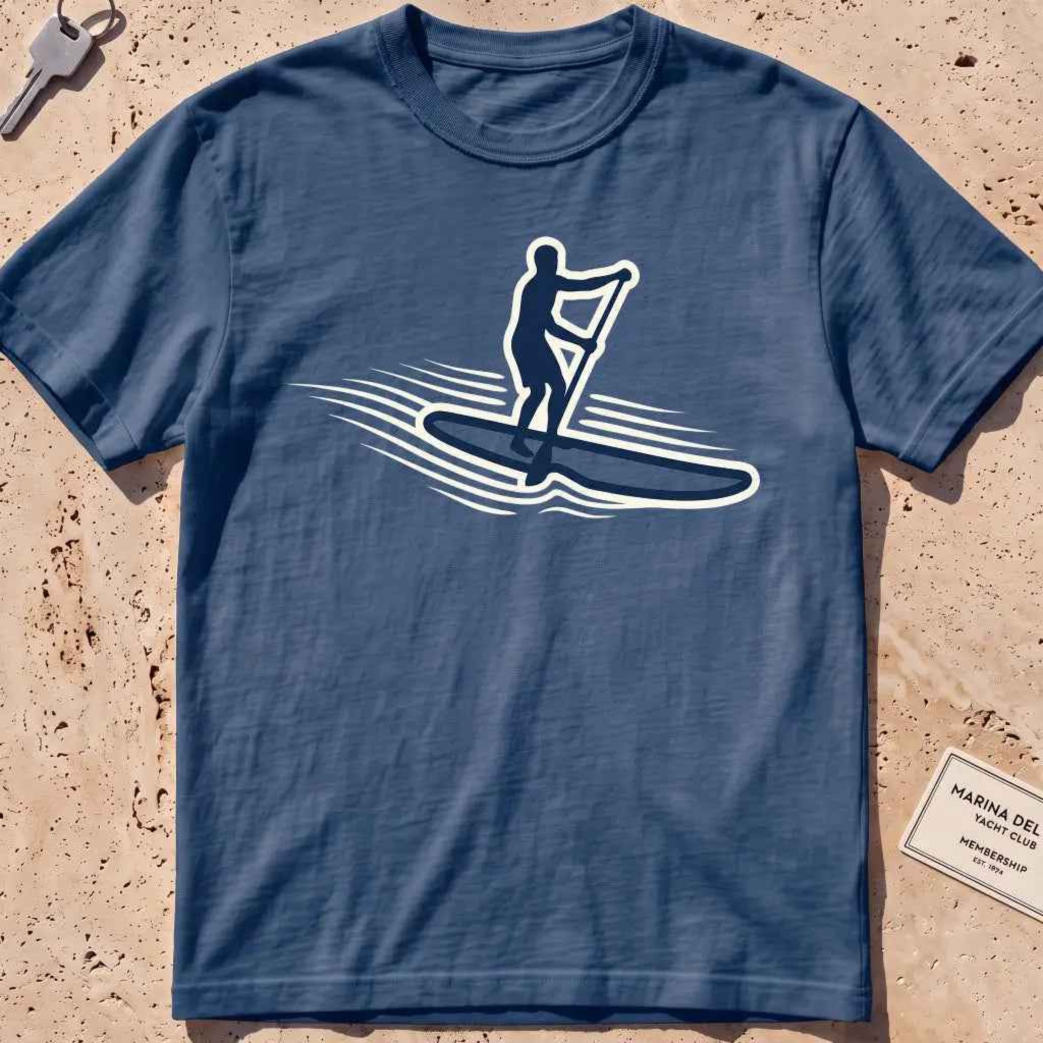 midnight heavyweight tee with a stand-up paddleboarder "Standing Calm" graphic.
